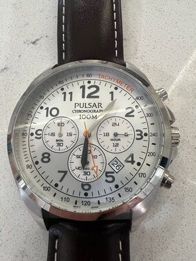 Pulsar Silver Dial Chronograph with Black Leather Strap and Orange Accents